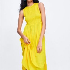 Zara smocked yellow sleeveless midi dress size M
